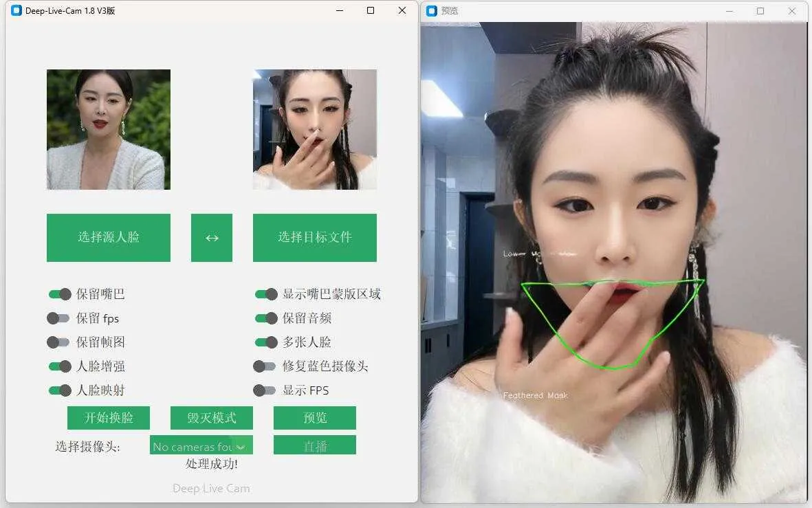 【AI换脸】最近很火的一键换脸软件 DeepLiveCam V3版，新增保留嘴巴、人脸映射功能，支持实时直播换脸功能  ...